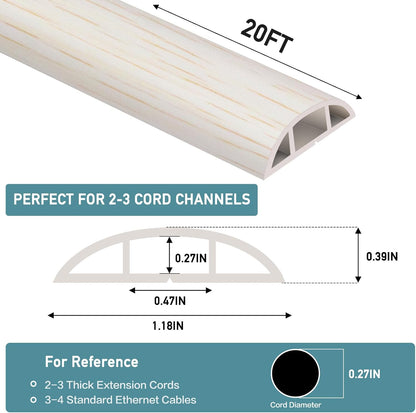 Floor Cord Cover Self Adhesive Cord Hider Floor Extension Cord Covers for Floor Power Cord Protector Cable Management Prevent Cable Trips Cable Cavity 0.47" W x 0.27" H (Beige Wood, 20Ft)