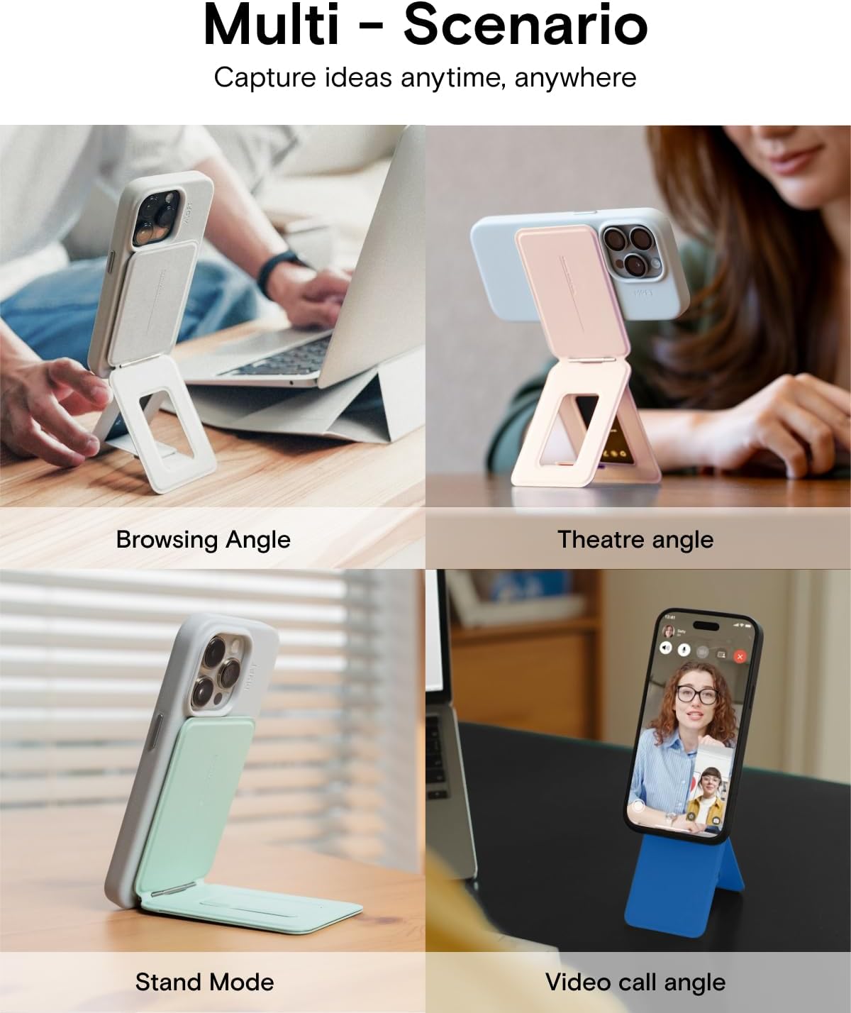 MOFT Phone Stand, Magnetic Phone Tripod Stand Stain-Resistant MOVAS Leather & Angle Adjustment & Strong Magnets Tripod for iPhone 16/15/14/13/12 (Included Metal Ring)-Peony