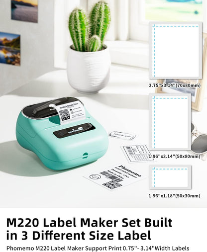 Phomemo Label Maker, M220 Thermal Label Printer, Portable Bluetooth Wireless Inkless 3 Inch Barcode Printer, Great for Home, School & Office, Compatible with Phone, PC, with 3 Label