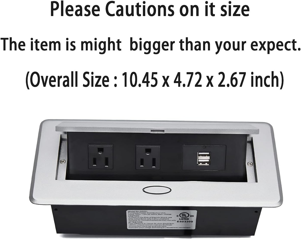 UL Approval Power Strip, Hidden Pop Up Outlet Table Connection Box, Desktop Socket with 2 Outlets & 2 USB Charging Ports for Conference Room Countertop (Silver)