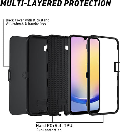 for Samsung Galaxy A17 5G case,A16 5G Heavy Duty case,with A Tempered Glass Screen Protector, [Military Grade Protective ] [Shockproof] [Dropproof] [Dust-Proof] (with Belt Clip-Black)