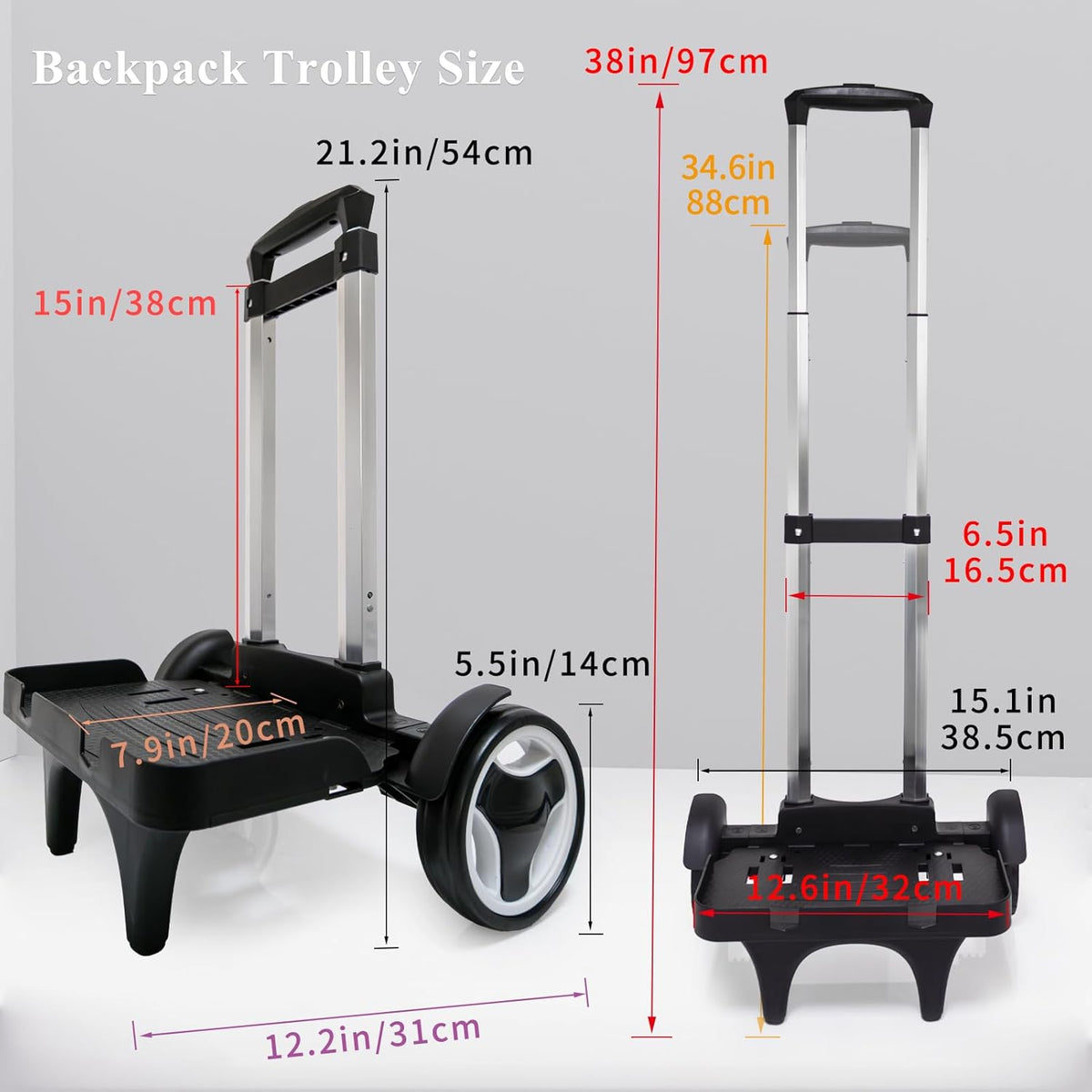 Backpack Trolley Cart with Stair-Climbing Wheels – Foldable Aluminum Frame, Adjustable Handle and 77 lbs Capacity – Quiet Large Wheels with Edge Guard – Black – Fits Travel Bags, Book Bags, Shopping