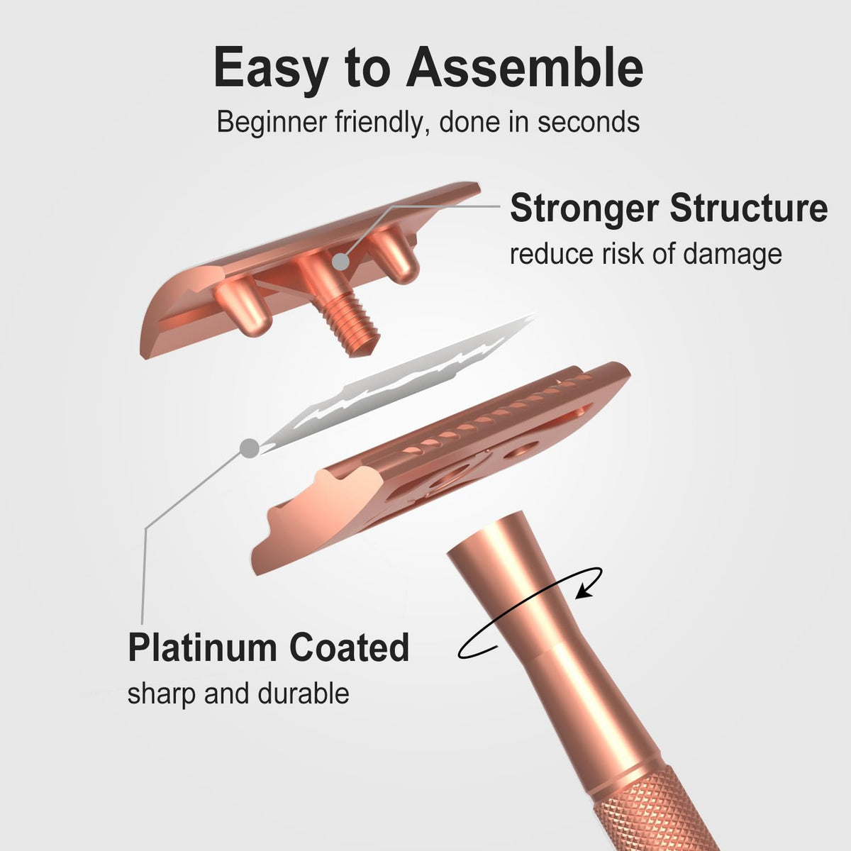 Safety Razor with Stand, Single Blade Razors for Women and Men, Reusable Metal Razor, with 10 Double Edge Blades, Smooth Close Shave, Plastic Free, Rose Gold