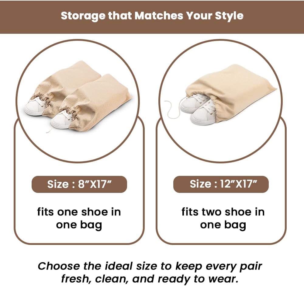 LFH Cotton Shoe Storage Bags with Drawstring, Dustproof Breathable Reusable Organizer, Perfect For Travel, Dorm, Hotel, College, Gym, Easy to Carry, Machine Washable 8"x17" (Pack of 6) - Natural