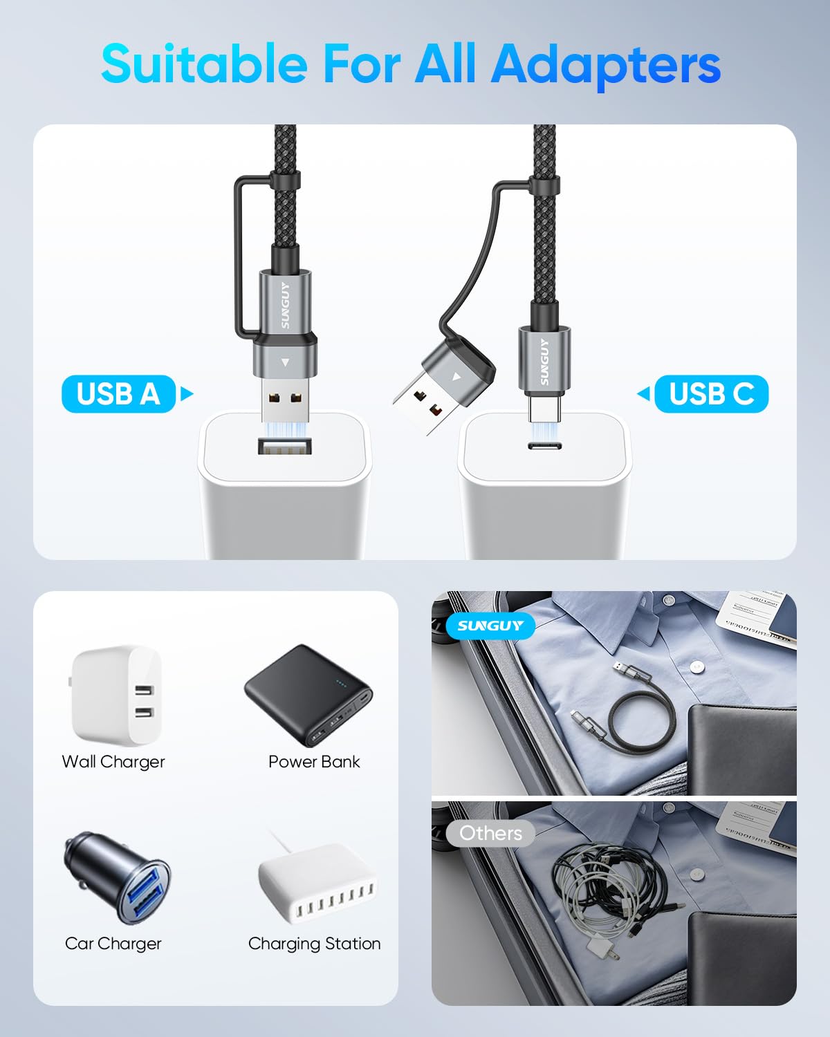 SUNGUY 4 in 1 Charging Cable 2FT [2 Pack], 60W Multi Charging Cable, USB-C/A to Lighting/C Cord for iPhone 16/15/14 Pro/iPad/MacBook/Samsung Galaxy S25/S24/Tablets
