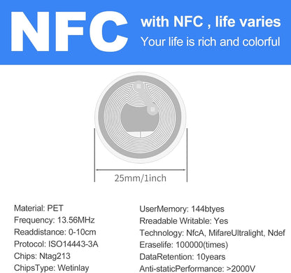 1000 PCS Round NFC Tags Stickers - NTAG213 Chip, Blank, Adhesive Labels, RFID Tags, Rewritable, 137 Bytes Memory, Compatible with All NFC-Enabled Smartphones and Devices