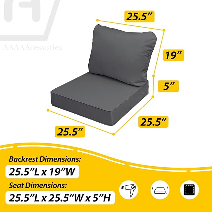 AAAAAcessories Outdoor Deep Seat Cushions, Waterproof, Fade-Resistant Replacement Cushions for Patio Furniture, 25.5" x 25.5" x 5" + 25.5" x 19", Set of 4, Shadow Gray