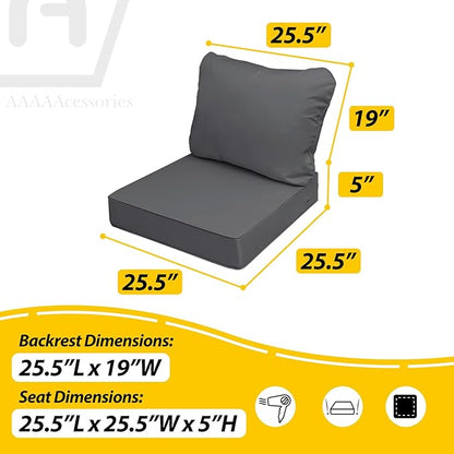 AAAAAcessories Outdoor Deep Seat Cushions, Waterproof, Fade-Resistant Replacement Cushions for Patio Furniture, 25.5" x 25.5" x 5" + 25.5" x 19", Set of 4, Shadow Gray
