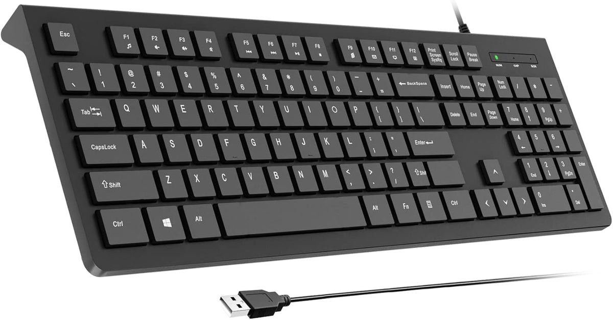 Computer Keyboard Wired, Plug Play USB Keyboard, Low Profile Chiclet Keys, Large Number Pad, Caps Indicators, Foldable Stands, Spill-Resistant, Anti-Wear Letters for PC Laptop (Black, 1-Pack)
