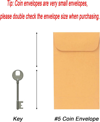 200PCS #5 Coin Envelopes 3.125x5.5 inches Brown Kraft Envelopes Classic Small Parts Gummed Flap for Coins, Cash, Credit Cards, Seeds