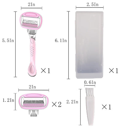 Women's Travel Razor Set, Purple, Plastic Handle, 4-Blade System with 2 Refills and Case, Compact Portable Design for Sensitive Shaving (Pink)
