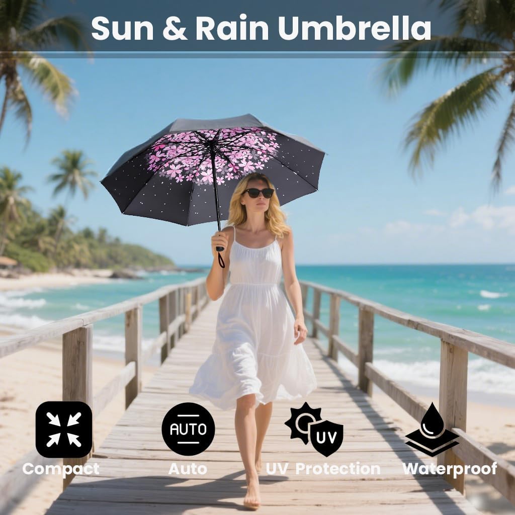 SIEPASA Compact Travel Umbrella - Windproof Auto Open/Close, Lightweight Folding Umbrella wIth Fiberglass Frame & Waterproof Canopy. Fits Backpack/Purse. (Pink Cherry Blossom)