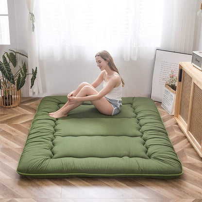 MAXYOYO Japanese Floor Mattress Futon Mattress, Thicken Sleeping Pad Foldable Roll Up Floor Futon for Adults Tatami Mat Dormitory Bed Lounger, Green, Full Size