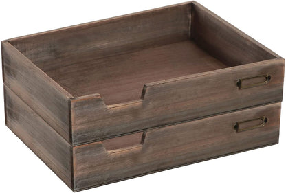 MyGift Set of 2 Vintage Distressed Finish Brown Wood Stackable Office Desktop Document Letter Paper Tray