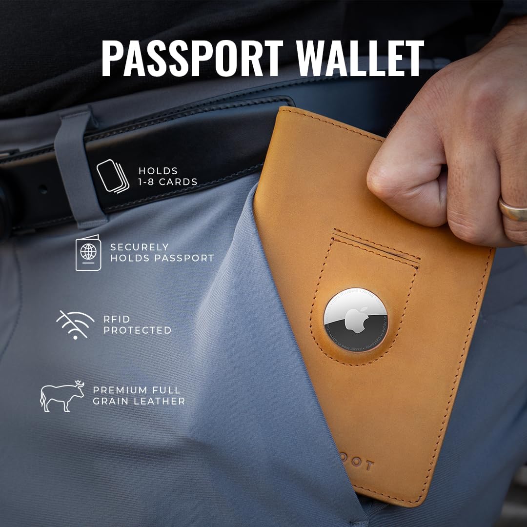 Kings Loot Passport Holder Wallet – RFID Blocking Leather Travel Wallet with Built-in Airtag Holder – Holds 1-6 Cards & Passport – Easy Pull Tab – Slim & Stylish Wallets (Truffle/Engraved)