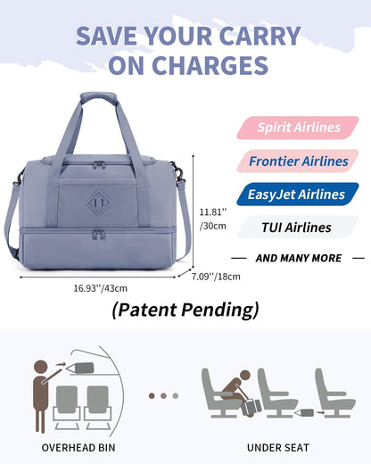 WANDF Travel Duffel Bag with Wet Pocket & Shoe Compartment, 18x14x8 Personal Item Bag with USB Charging Port, Water-Resistant Gym Weekender Overnight Carry-on for Women Men (Grey)