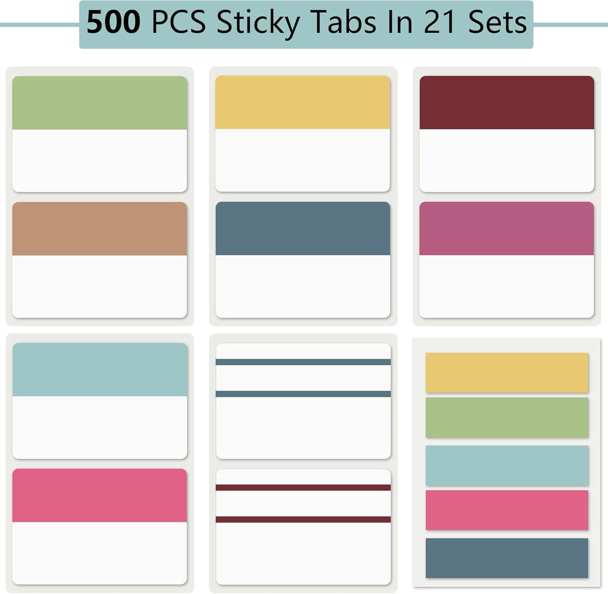 ELII 500 PCS Sticky Tabs 2 Inch Index Tabs, Colored Page Markers Repositionable Tags Reading Tabs Self Adhesive Tape Flags for Books, Binders, Notebook and File Folders
