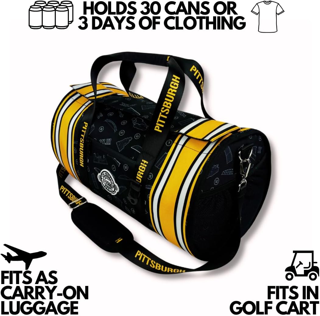 Varsity Cooler Pittsburgh Travel Party Duffel & Cooler – 30 Can Leakproof Insulated Tote Bag, Waterproof Soft compartment for Tailgating, Golf, Beach, Carry-On Luggage & Outdoor Sports