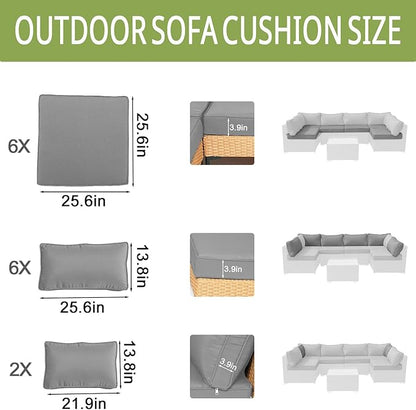 14Piece Outdoor Sofa Cushion Replacement Patio Furniture Waterproof Cushion with Zippers fit 6-Seat Outdoor Wicker Rattan Sectional Couch (Light Gray, 25.6"x25.6"x3.9")
