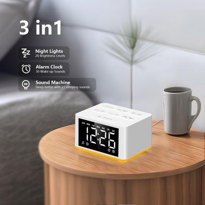 【3 in 1】 Small Sound Machine Alarm Clock Night Light White Noise Machine 27 Sleeping Sounds for Adults Kids Precise 32 Level Volume Sleep Timer Memory Function Digital Clock with 30 Wake Up Sounds