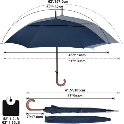 G4Free 52/62inch Wooden J Handle Golf Umbrella Windproof UV Protection Classic Stick Wedding Cane Umbrellas, Auto Open Cane Hook Handle