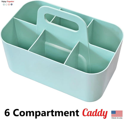 Small Stackable Plastic Caddy with Handle 6 Compartment | Desk, Makeup, Dorm Caddy, Classroom Art Organizers - 4 Pack, Made In USA (Mint)