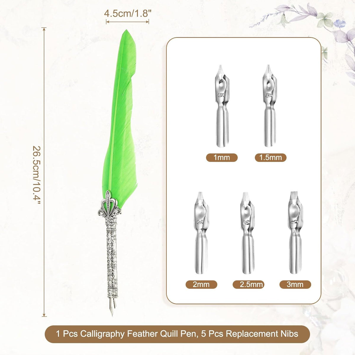 PATIKIL 26.5cm/10.4" Calligraphy Feather Quill Pen, Vintage Feather Dip Pen with 5 Replacement Nibs for Calligraphy Writing Wedding Office Gifts, Fruit Green