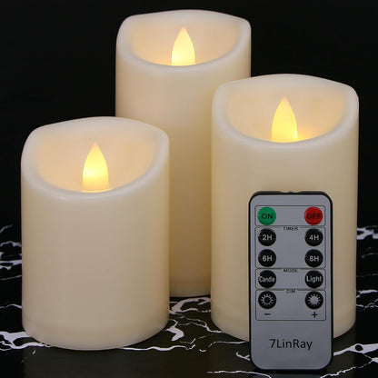 Flameless Flickering Candles with Remote and Timers, 1000 Hours Waterproof Outdoor Indoor Battery Operated LED Pillar Candles, Ivory Plastic, Set of 3(D 3" x H 4" 5" 6")