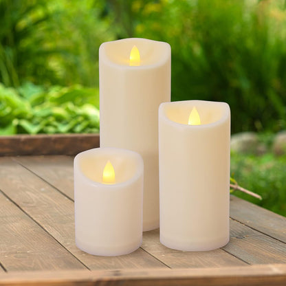 Flameless Flickering Candles with Remote and Timers, 1000 Hours Waterproof Outdoor Indoor Battery Operated LED Pillar Candles, Ivory Plastic, Set of 3(D 3" x H 4" 5" 6")