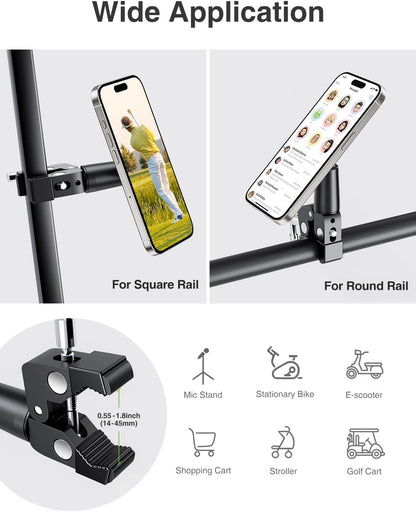 elitehood Magnetic Phone Clamp Mount, Adjustable Phone Holder for Mic Stand/Music Stand/Golf Cart/Treadmill/Stroller/Shopping Cart/Stationary Bike, iPhone Clamp Mount for Magsafe iPhone 16 15 14