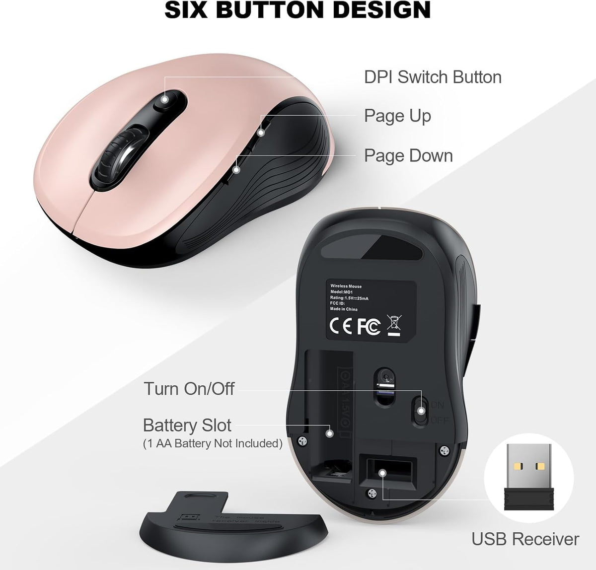 WisFox 2.4G Wireless Mouse for Laptop, Ergonomic Computer Mouse with USB Receiver and Type-C Adapter, 3 Adjustable Levels DPI, 6 Button Cordless Wireless Mice (Pink)