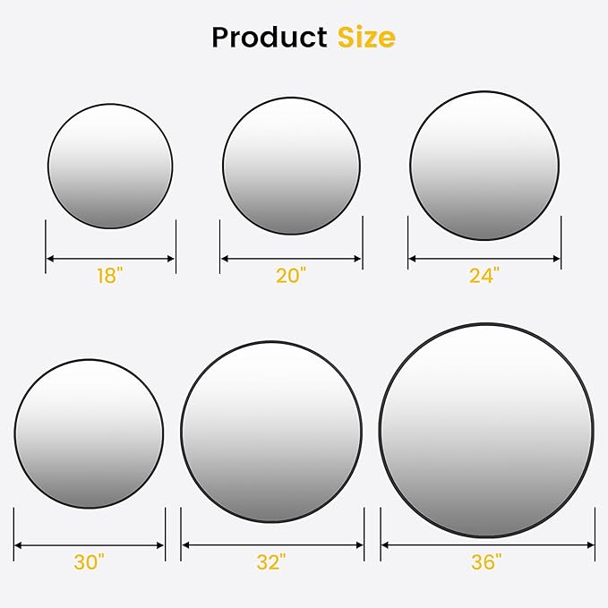 24 Inch Black Round Wall Mirror, Modern Metal Frame for Bathroom, Living Room, Bedroom Decor