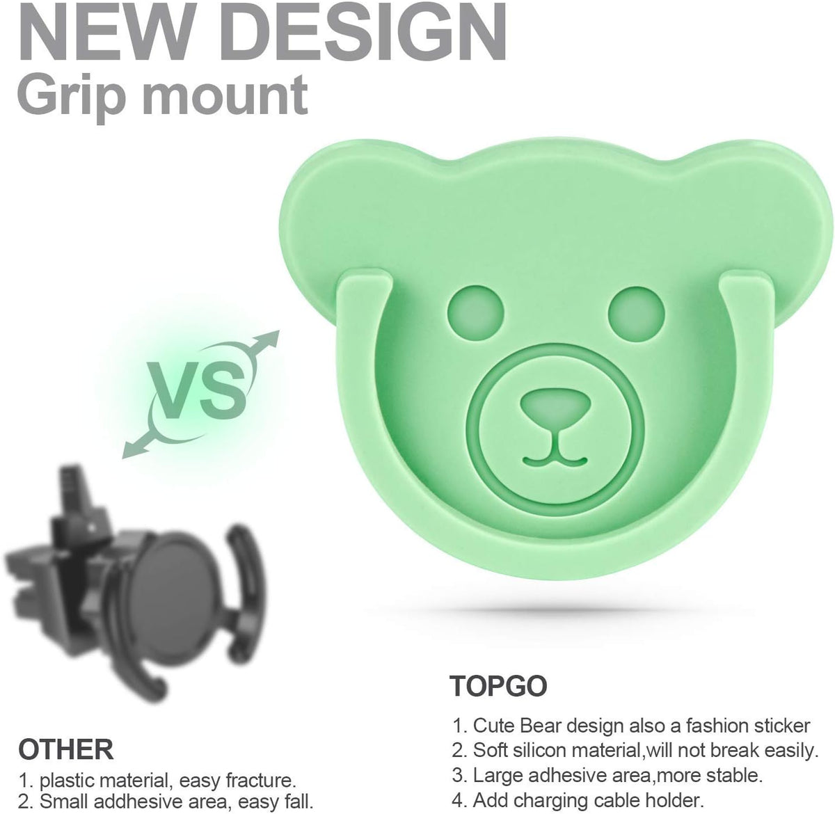 TOPGO Socket Car Mount for Phone Holder Cute Bear Style Silicone Grip Stand with Phone line Clasp for Collapsible Socket User Used on Dashboard, Home, Office, Kitchen, Desk, Wall (Color) 3 Pack