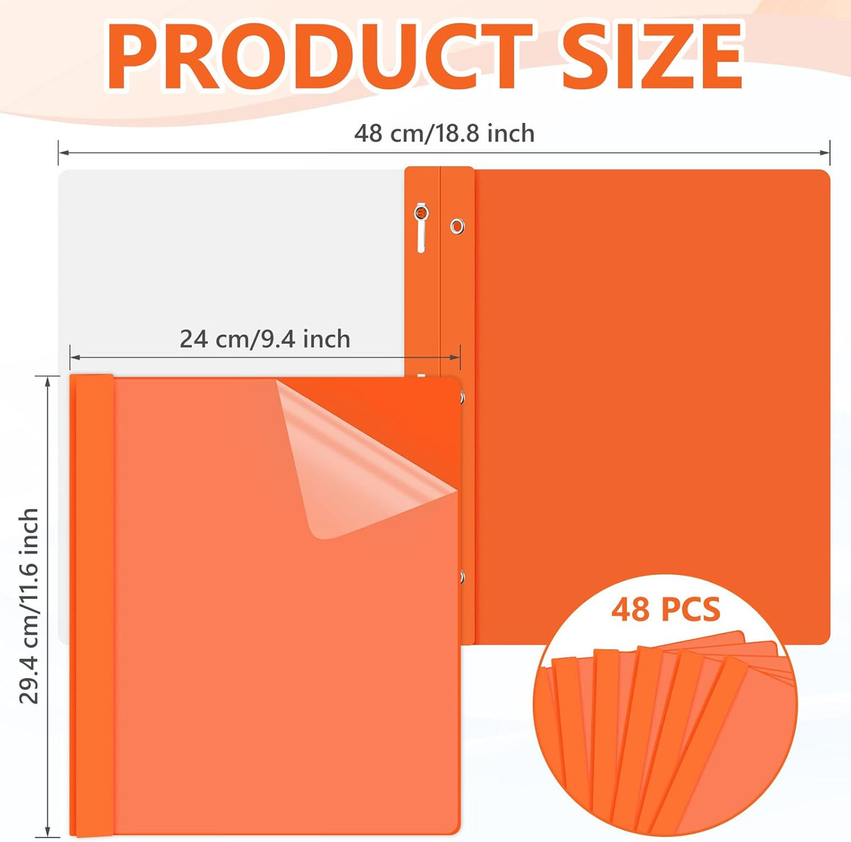 48 Pack Plastic Report Covers with 3 Prongs Presentation Folders Bulk, 100 Sheet Capacity, Clear Front Report Covers for Presentation Document Paper School Office Supplies (Orange)