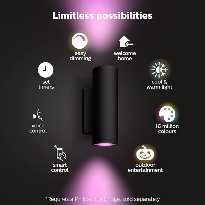 Philips Hue Appear Outdoor Smart Wall Light, Black - White and Color Ambiance LED Color-Changing Light - 1 Pack - Requires Hue Bridge - Control with Hue App and Voice - Weatherproof