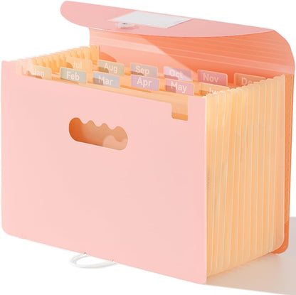 Accordion File Organizer 12 Pockets, Monthly Bill Receipt Tax Organizer, Expanding File Folders with Larger Bright Tabs, Fits Letter/A4 Size - Pink
