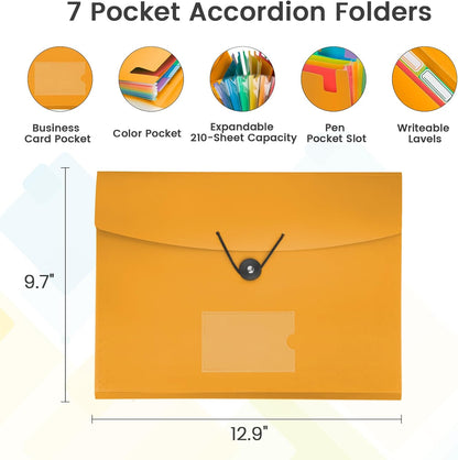 Accordion File Organizer, 7 Pockets Expanding File Folder with Labels, A4/Letter Size Portable Folders for Documents, Paper Organizer for School Office Supplies, Orange