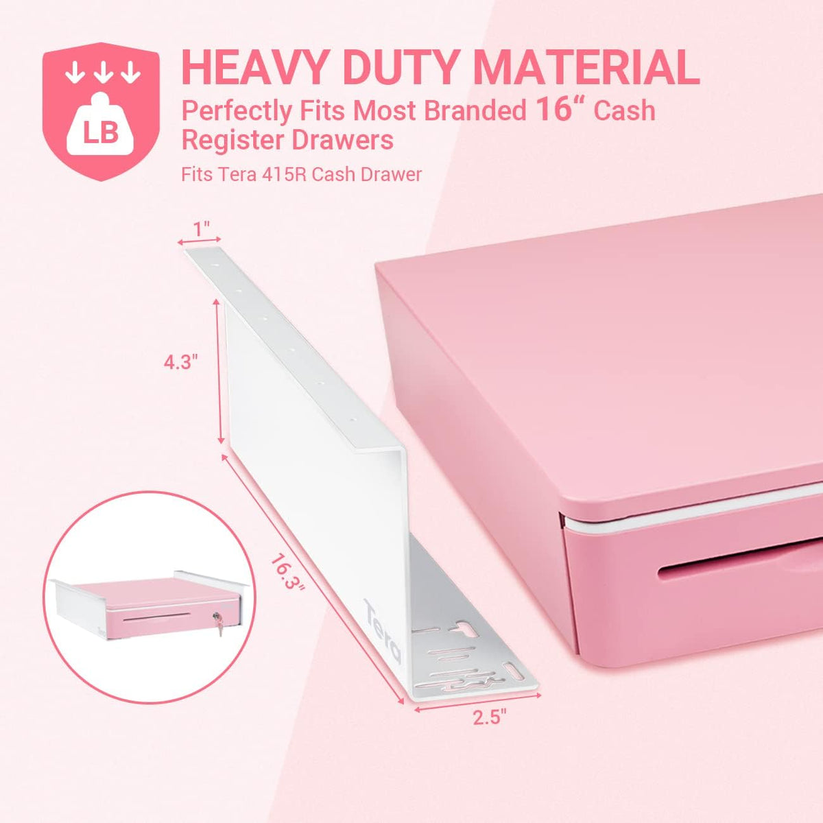 Tera 16" Auto Open Cash Register Drawer with Universal Under Counter Mounting Metal Brackets (Round Corner) Heavy Duty Insert Tray 5 Bill 8 Coin Removable Cash Tray for POS Small Businesses Store 405R