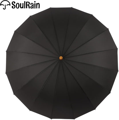 SoulRain 16 Ribs 48" Stick Umbrella Auto Open Solid Color Fashionable and Simple，Arc Classic Wood Handle，Windproof Unbreakable Stick Rain Umbrella
