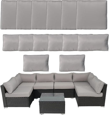 14Piece Outdoor Sofa Cushion Replacement Patio Furniture Waterproof Cushion with Zippers fit 6-Seat Outdoor Wicker Rattan Sectional Couch (Light Gray, 25.6"x25.6"x3.9")