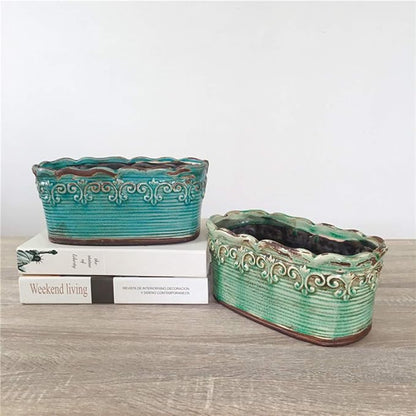 Blue Rectangular Ceramic Succulent Planter, 10 Inch, Indoor Use