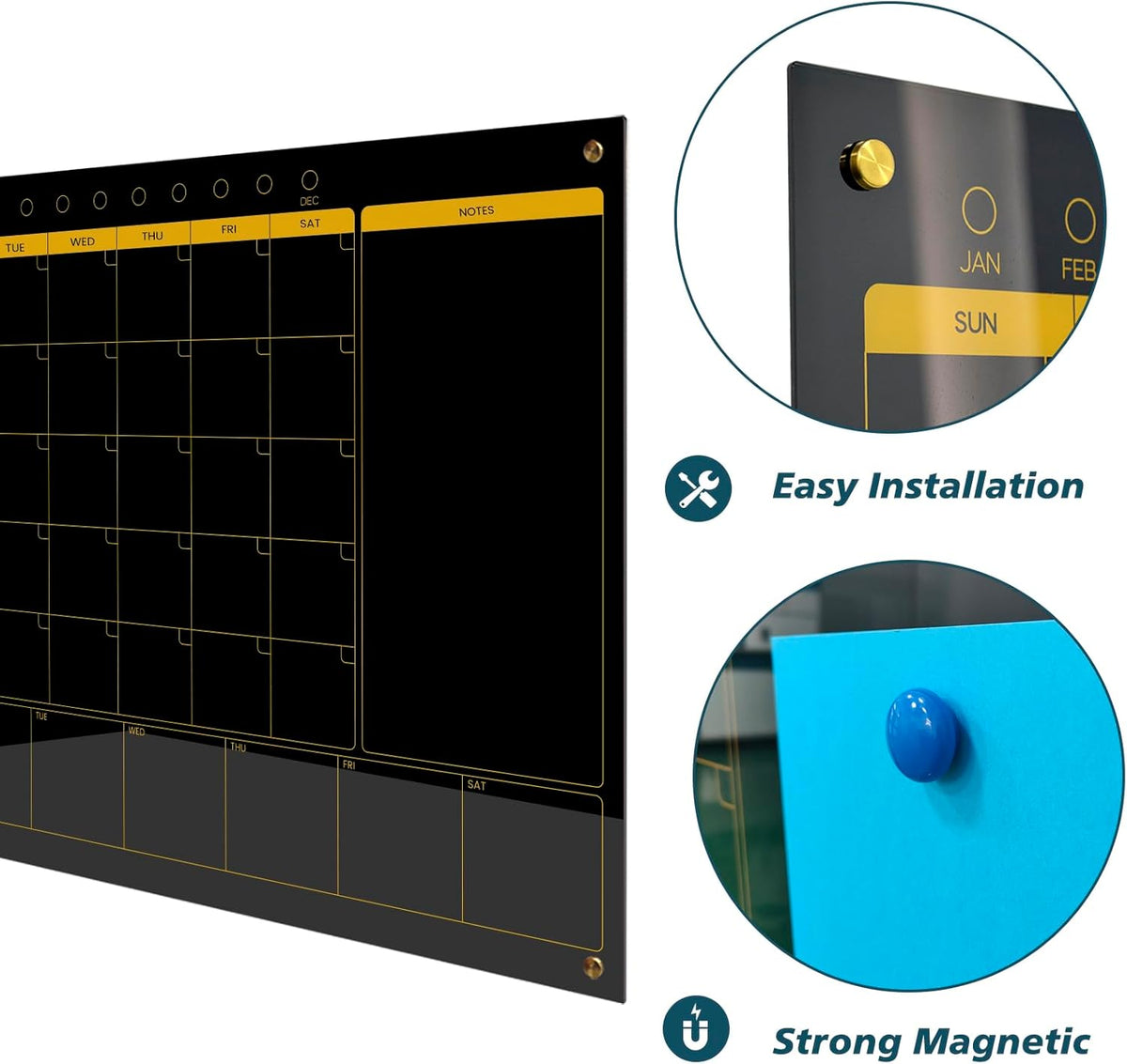 Magnetic Glass Planner Writeboard 36"X48" Monthly/Weekly 3 in 1 Calendar Premium Tempered Glass Dry Erase Boards Frameless Wall Mounted (Black)