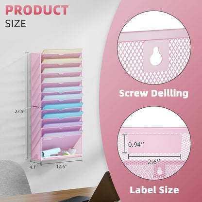Marbrasse Wall File Holder 11-Tier Hanging Wall File Organizer, for Papers, Files Clipboard & Magazine Organizer, Wall Mount File Holder Great for Office Home (Pink)