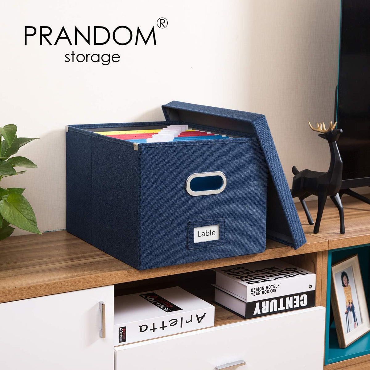 PRANDOM File Organizer Box - Set of 1 Collapsible Decorative Linen Filing Storage Hanging File Folders with Lids Office Cabinet Letter/Legal Size Navy Blue (17x14x11.2 inch)