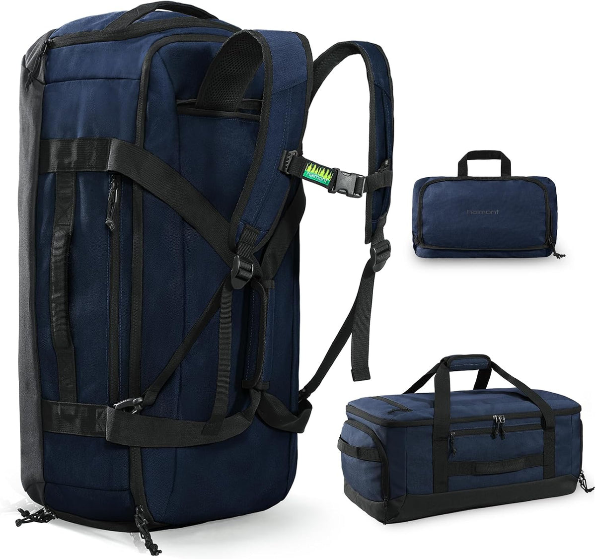 Haimont 60L Large Duffel Bag Backpack for Men Women, Travel Bag with Shoes Compartment, Convertible Duffel Backpack, Sports, Camping, Overnight, Water-Resistant, Navy Blue