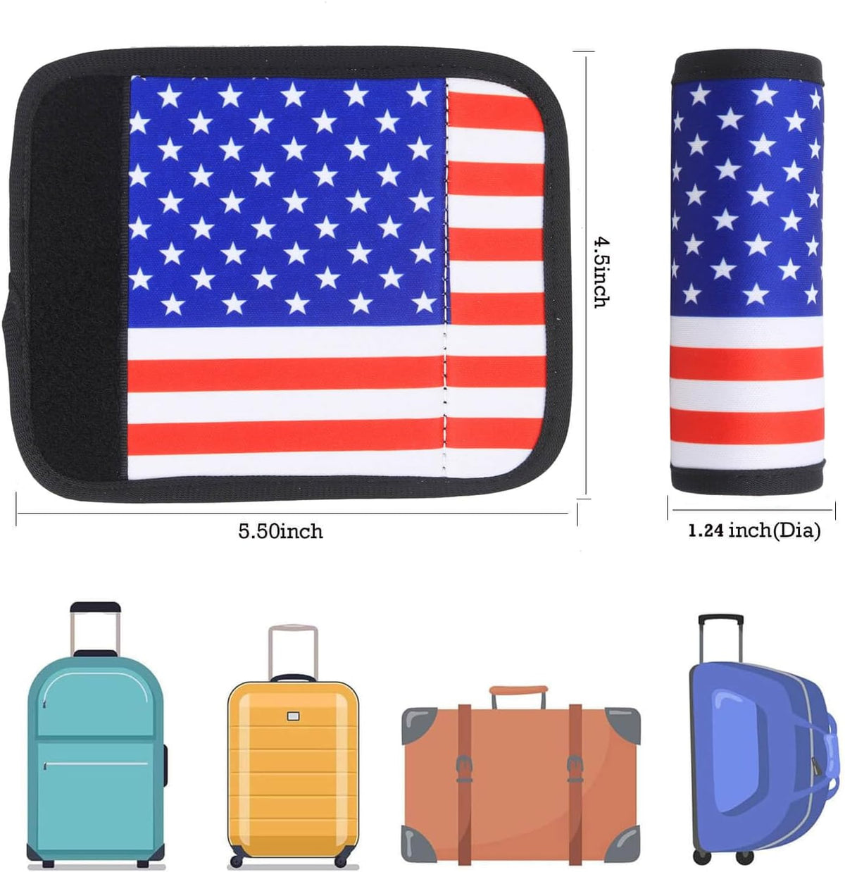 Luggage Handle Wrap for Suitcase-Printed Bright Neoprene Luggage Tags/Grips/Identifiers/Markers/Covers/Gripper for Suitcases Carry On Bags 5 Packs (USA Flag-5 Packs)
