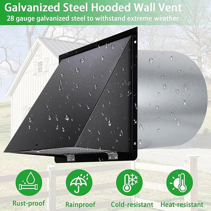 7 Inch Hooded Wall Vent with Mesh and Damper, 7'' Exhaust Vent Cover Cap for Kitchen Range Hood/Dryer/Laundry/Bathroom Exhaust Fan,Outside Wall Vent Hood Exterior Duct Vent Cap-Galvanized Steel,Black