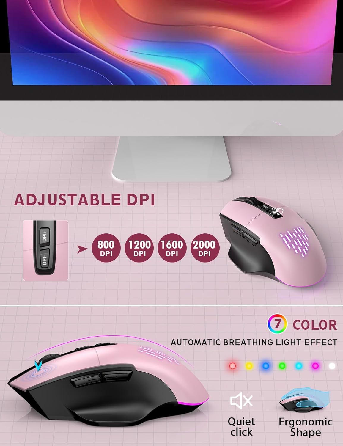 Wireless Keyboard and Mouse Backlits, Wrist Rest, LED Mouse, Rechargeable Ergonomic Keyboard with Phone Holder, Silent Light Up Combo for Computer, Mac, PC, Laptop, Chromebook (Rose Gold)