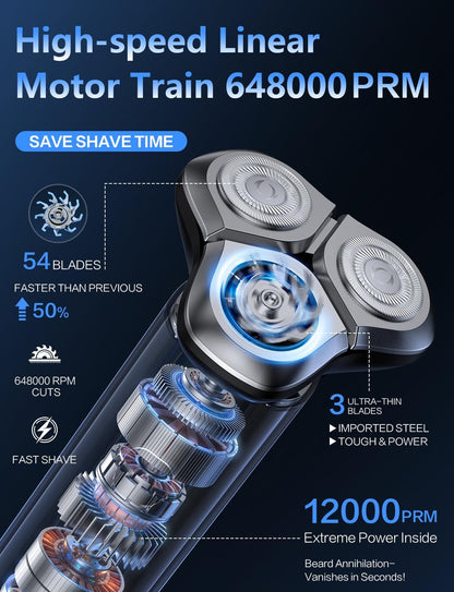 Electric Razor for Men, Men's Electric Shaver, 3-Blade Rotary Shaving System, Touch Switch, Type-C Fast Charging, LED Display, Travel Lock, 90+ Minutes Run Time