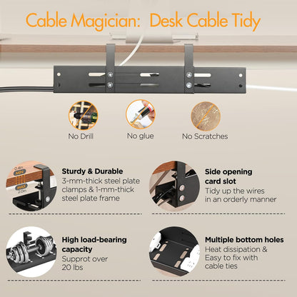 No Drill Under Desk Cable Management Tray, 17"-30" Retractable Long Cable Tray with Clamp Mount, Metal Cord Organizer, Support 50 lbs+, Wire Management Basket for Home Office, Black